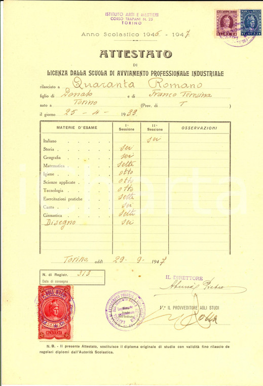 1947 TORINO Scuola avviamento arti e mestieri - Licenza Romano QUARANTA