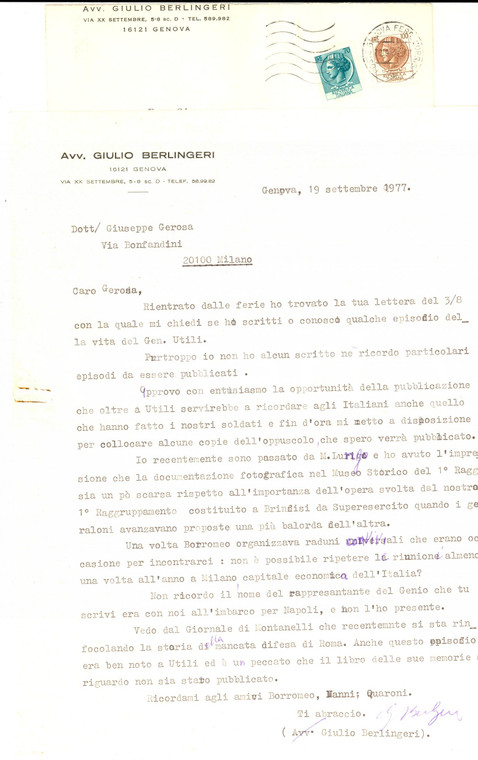 1977 GENOVA Avv. Giulio BERLINGERI sulla biografia del gen. UTILI *Autografo