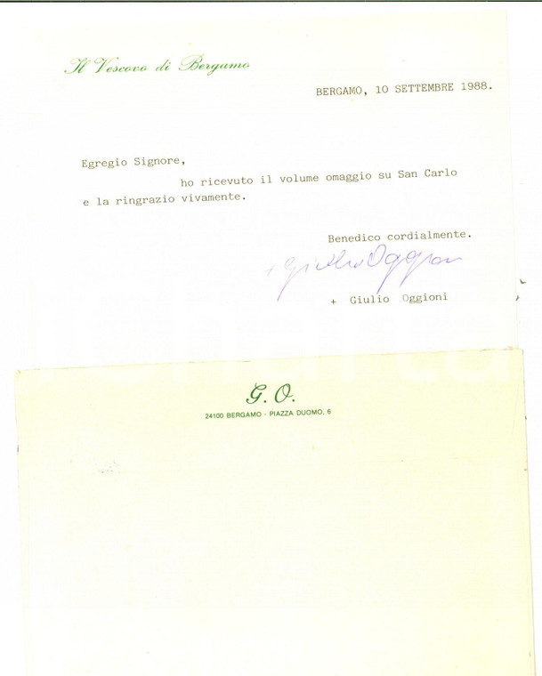 1988 BERGAMO Ringraziamenti del vescovo mons. Giulio OGGIONI *Autografo