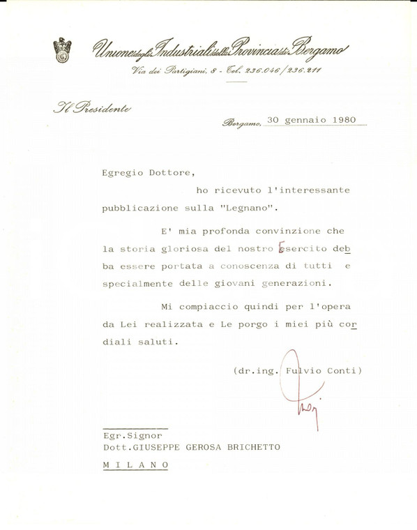 1980 BERGAMO Unione Industriali - Lettera presidente Fulvio CONTI *Autografo