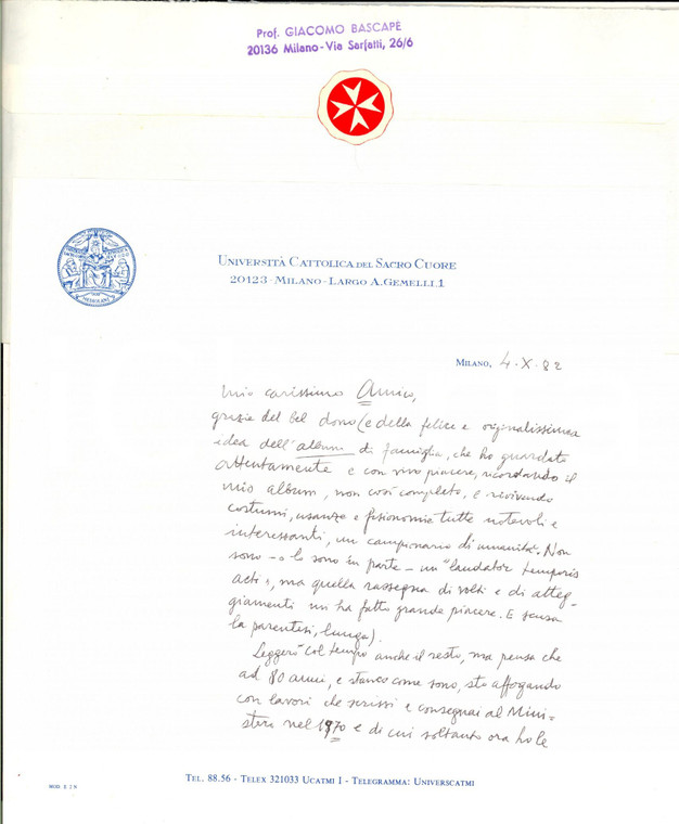 1982 MILANO Università Cattolica - Lettera Giacomo Carlo BASCAPE' *Autografo
