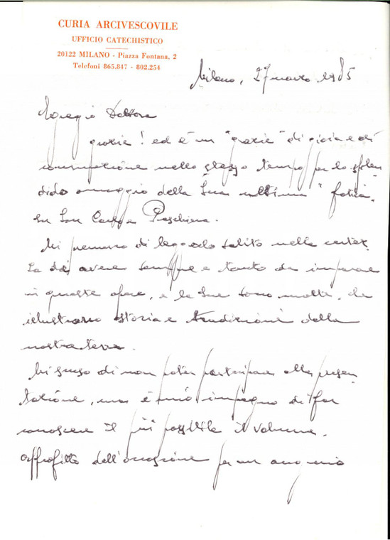 1985 MILANO Curia Arcivescovile - Lettera don Ubaldo VALENTINI *AUTOGRAFO