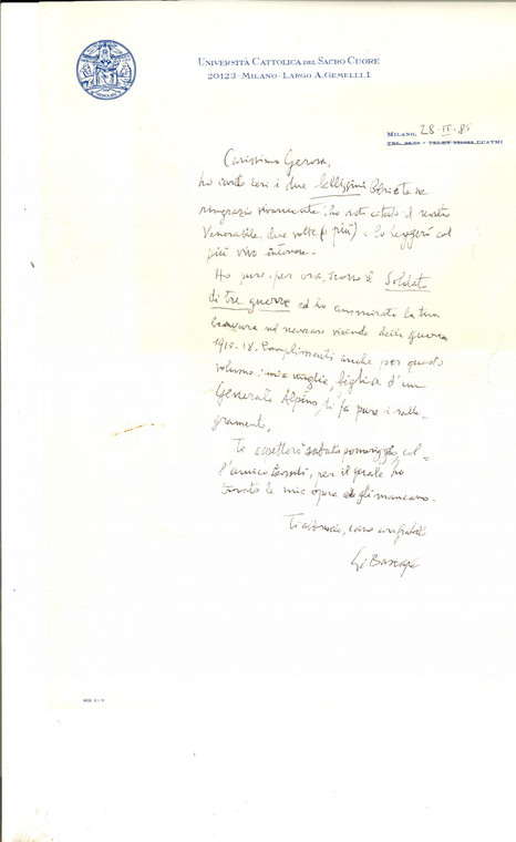 1985 MILANO Giacomo Carlo BASCAPE' ringrazia per libri in omaggio *Autografo
