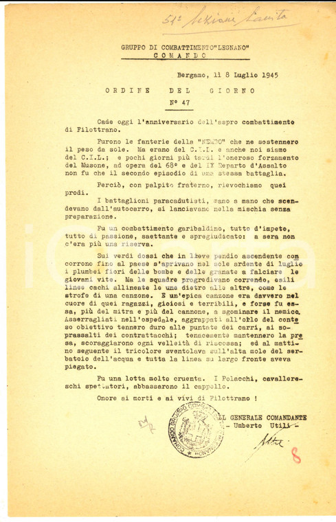 1945 BERGAMO Gruppo LEGNANO OdG Gen. UTILI su anniversario battaglia FILOTTRANO