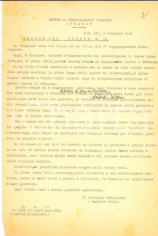 1944 P. M. 155 Gruppo LEGNANO OdG Gen. UTILI in ricordo del fronte di MIGNANO