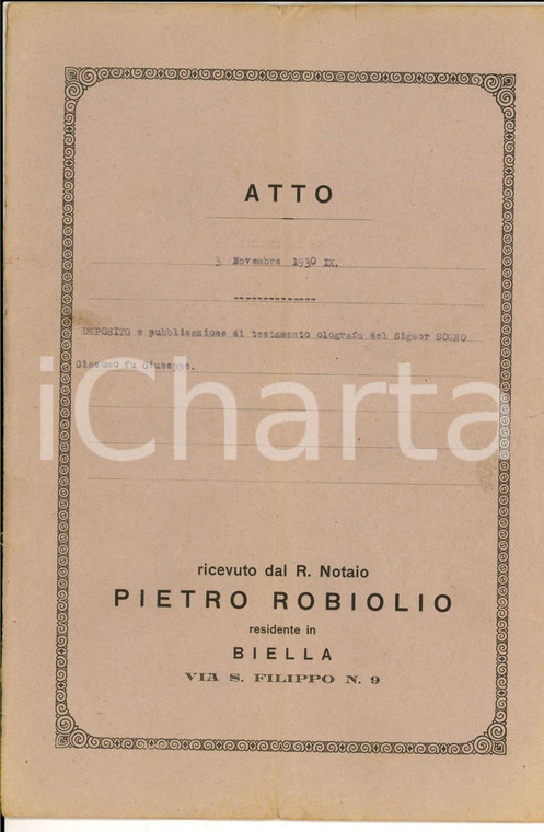 1930 CAMANDONA (BI) Testamento di Giacomo SOGNO a favore dei nipoti