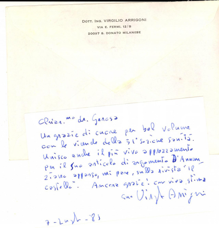 1985 SAN DONATO MILANESE Biglietto Virgilio ARRIGONI a Giuseppe GEROSA Autografo