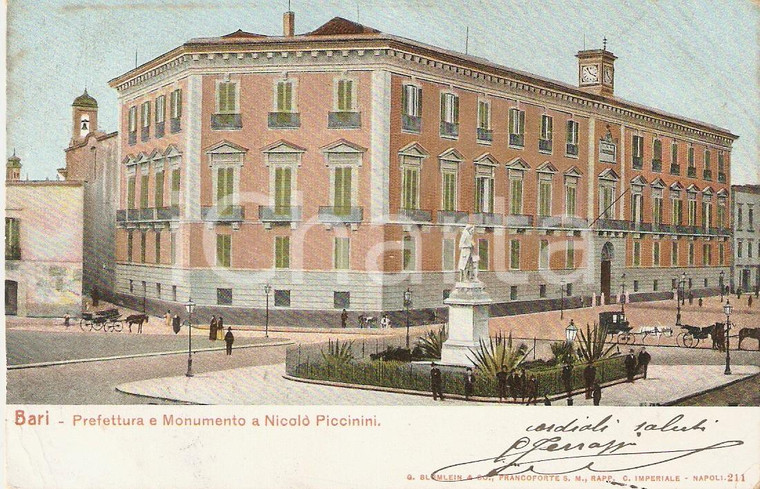 1905 ca BARI Prefettura e monumento a Nicolò PICCININI *Cartolina FP VG
