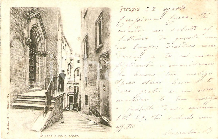 1900 PERUGIA Chiesa e Via Sant'Aagata ANIMATA *Cartolina FP VG