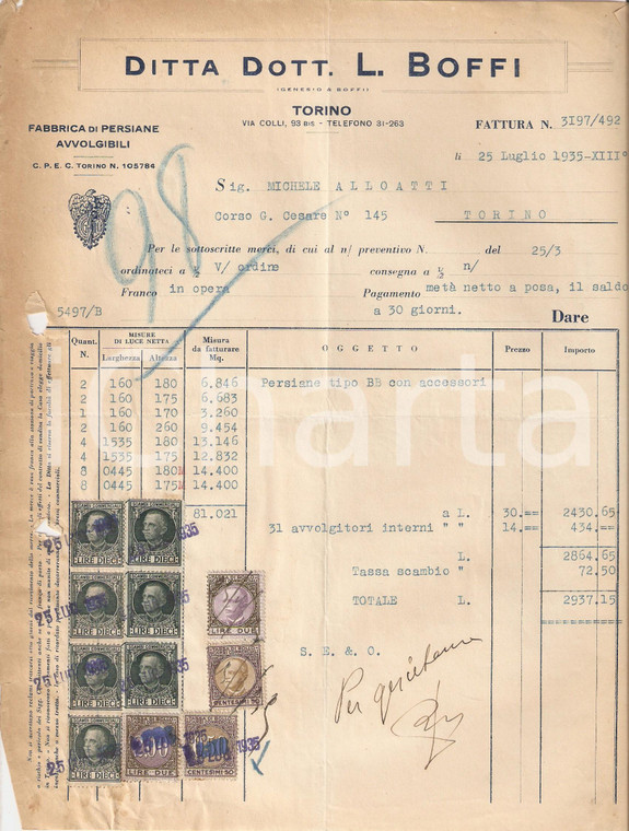 1935 TORINO Ditta Dott. L. BOFFI Fabbrica di persiane avvolgibili *Fattura 22x27