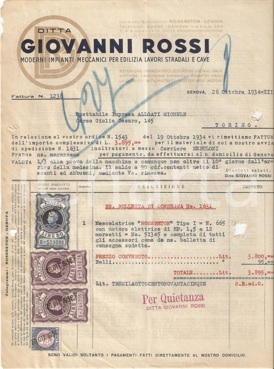 1934 GENOVA Ditta Giovanni ROSSI Impianti meccanici per edilizia *Fattura 22x27