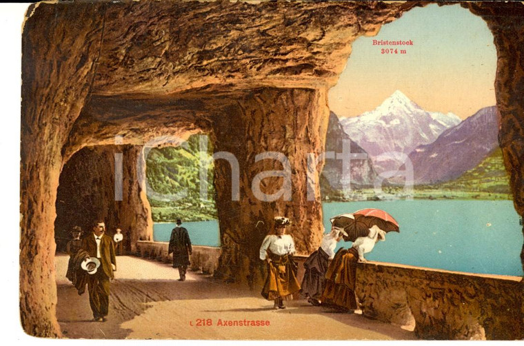 1910 ca SVIZZERA AXENSTRASSE con la cima BRISENSTOCK *Cartolina VINTAGE ANIMATA