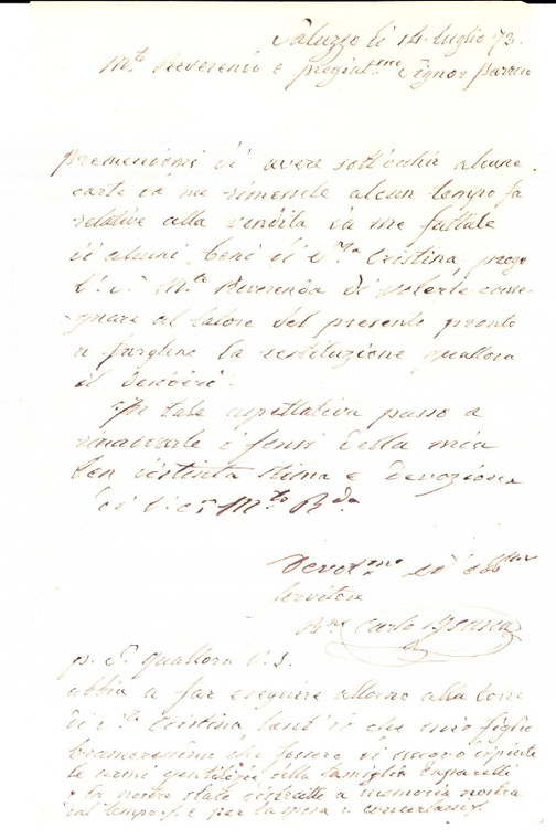 1873 SALUZZO Lettera Barone Carlo BUSCA su beni venduti S. CRISTINA di VERZUOLO