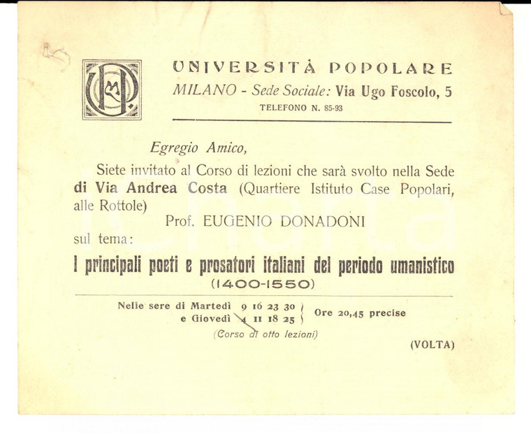 1915 ca MILANO UNIVERSITA' POPOLARE Invito lezioni prof. Eugenio DONADONI