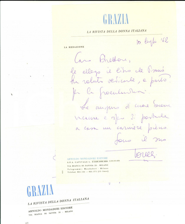 1962 MILANO Rivista GRAZIA - Giorgio TORELLI invia libro in omaggio *AUTOGRAFO