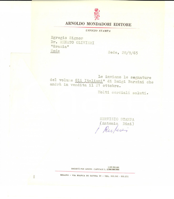 1965 MILANO Arnoldo MONDADORI Editore - Lettera per invio libro in omaggio