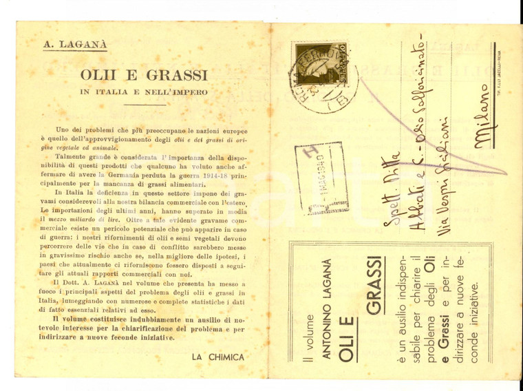 1940 Antonino LAGANA' Oli e grassi - Pieghevole pubblicitario VIAGGIATO