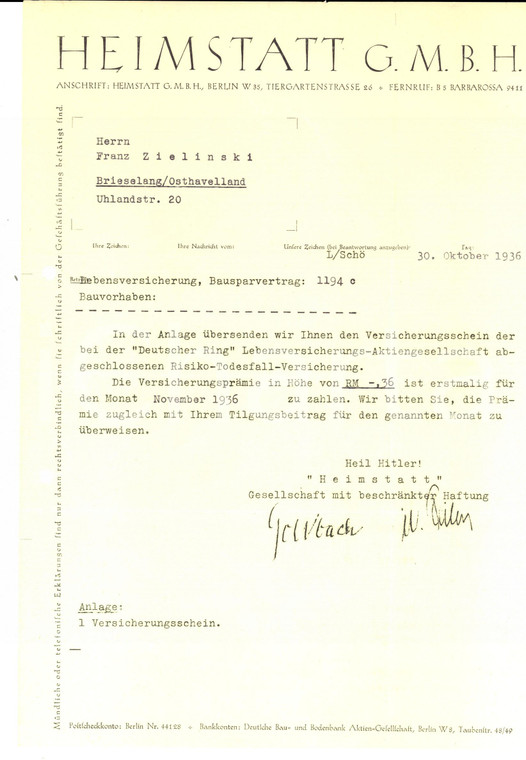 1936 BERLIN HEIMSTATT G.M.B.H. Lettera su premio assicurazione Franz ZIELINSKI