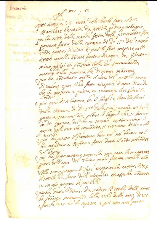 1630 ca MILANO Burle di Francesco SCARAMUZZA con il vino del marchese BECCARIA