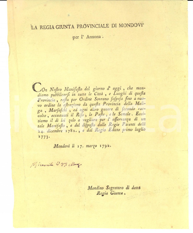 1792 PROVINCIA DI MONDOVI' Sospensione del raccolto della meliga e marsaschi 