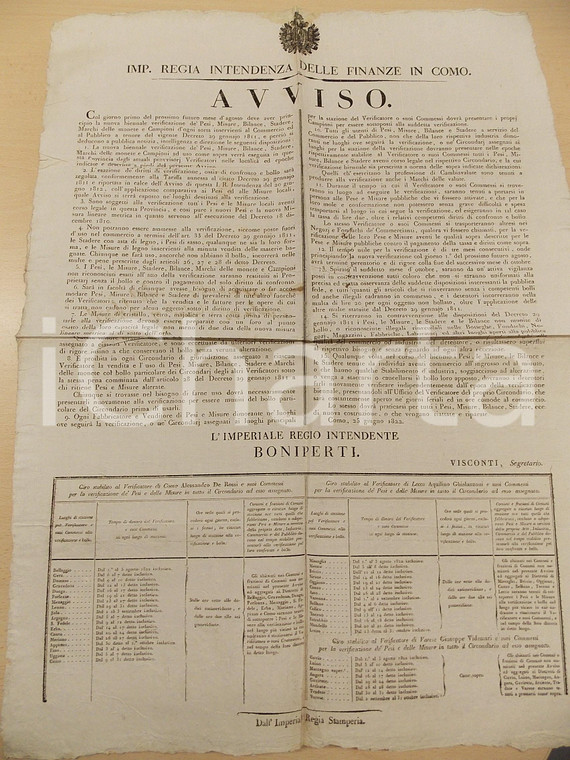 1822 COMO Regia Intendenza FINANZE - Verifica biennale pesi e misure *Manifesto