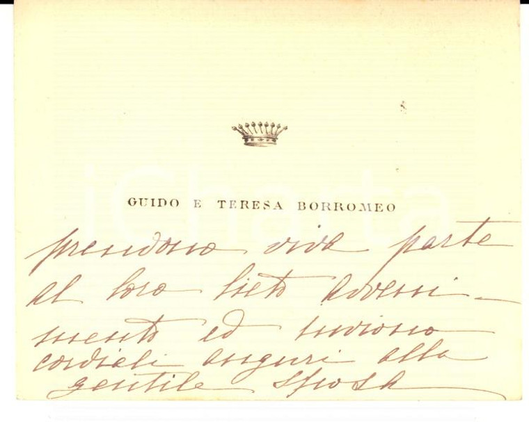 1930 ca MILANO Biglietto da visita conti Guido e Teresa BORROMEO *Autografo