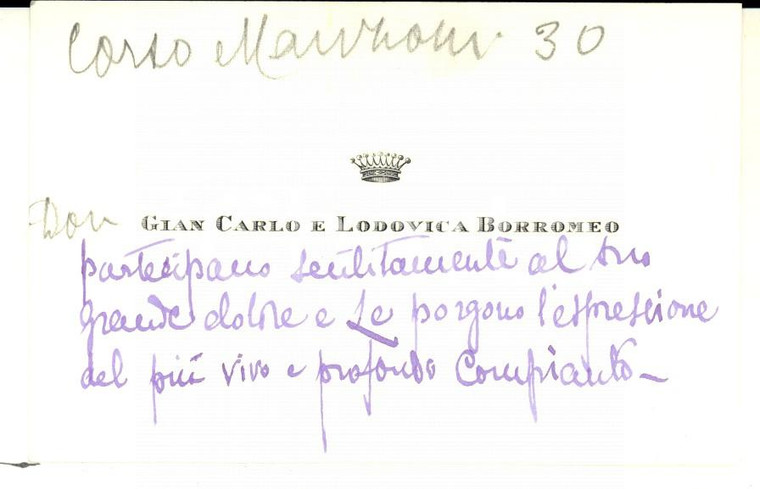 1930 ca MILANO Biglietto da visita Gian Carlo e Lodovica BORROMEO *Autografo