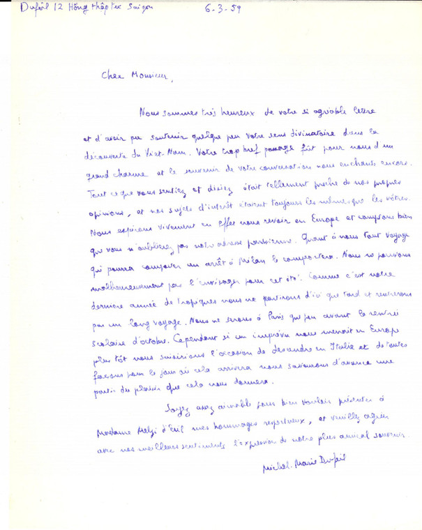 1959 SAIGON (VIETNAM) Michel-Marie DUFEIL ringrazia un collega docente AUTOGRAFO
