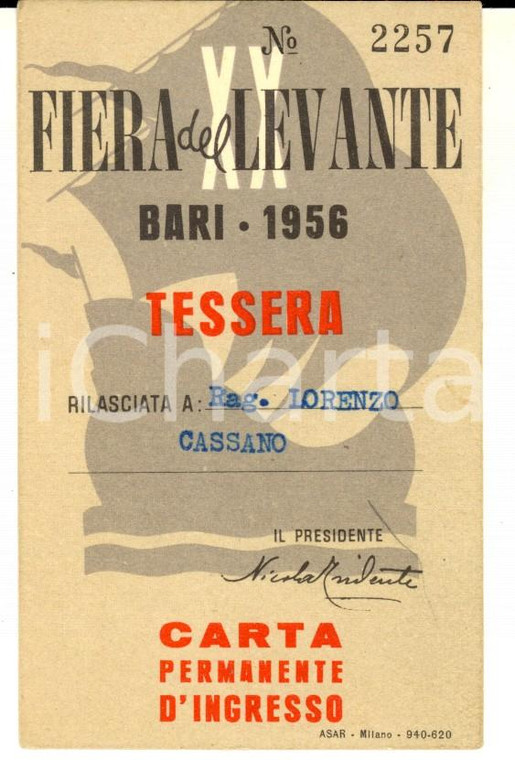 1956 BARI FIERA DEL LEVANTE Tessera del rag. Lorenzo CASSANO