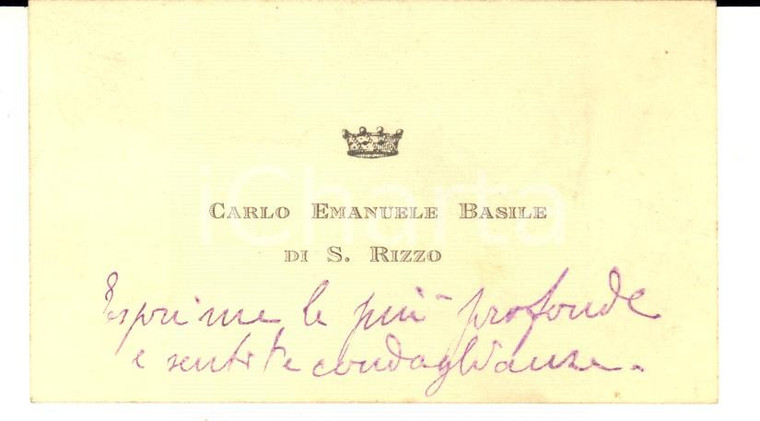 1910 ca MILANO Biglietto conte Carlo Emanuele BASILE DI SAN RIZZO *Autografo