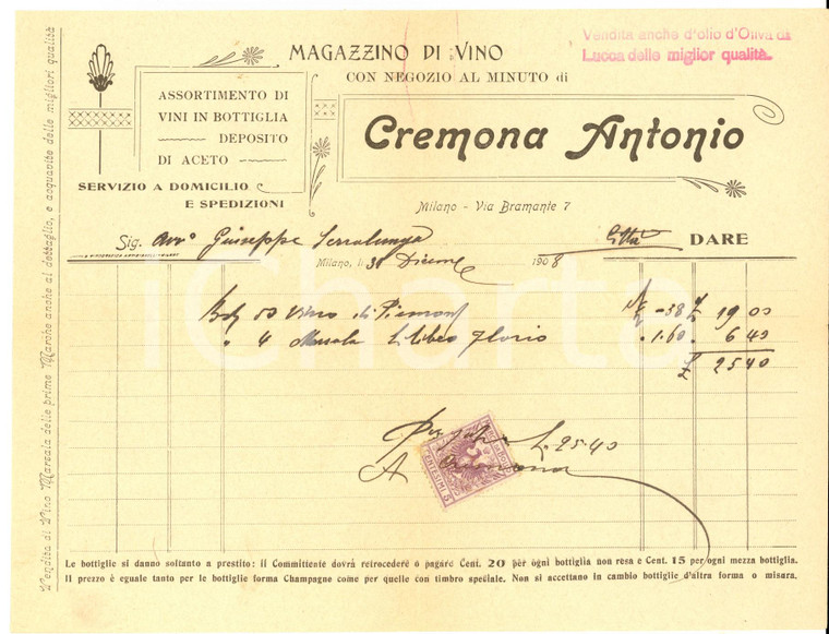 1908 MILANO Antonio CREMONA Magazzino di vino - Fattura con bollo