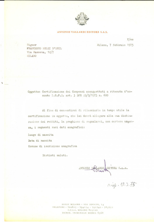 1975 MILANO Antonio VALLARDI Editore - Lettera per certificazione compensi