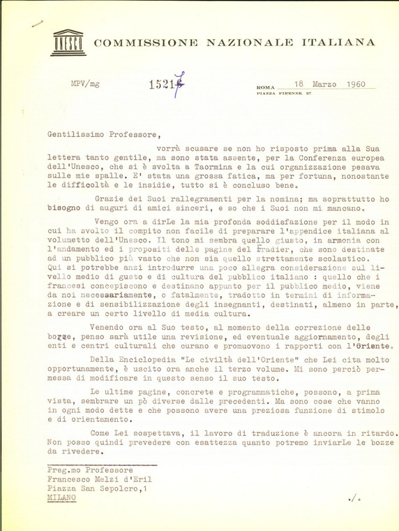 1960 ROMA UNESCO Marisetta PARONETTO VALIER sull'appendice italiana *Autografo