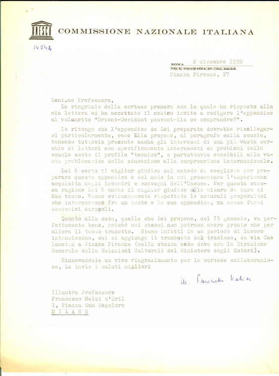 1959 ROMA UNESCO Marisetta PARONETTO VALIER su appendice a "Oriente-Occidente"