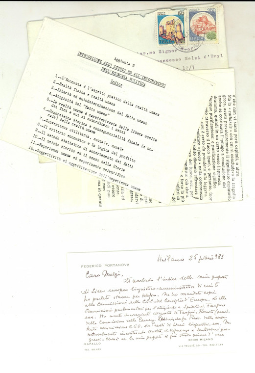 1983 MILANO Federico PORTANOVA invia proposta per liceo europeo *Autografo