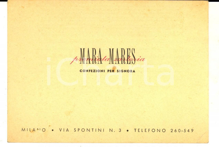 1950 ca MILANO Mara MARES Confezioni per signora  *Cartoncino pubblicitario