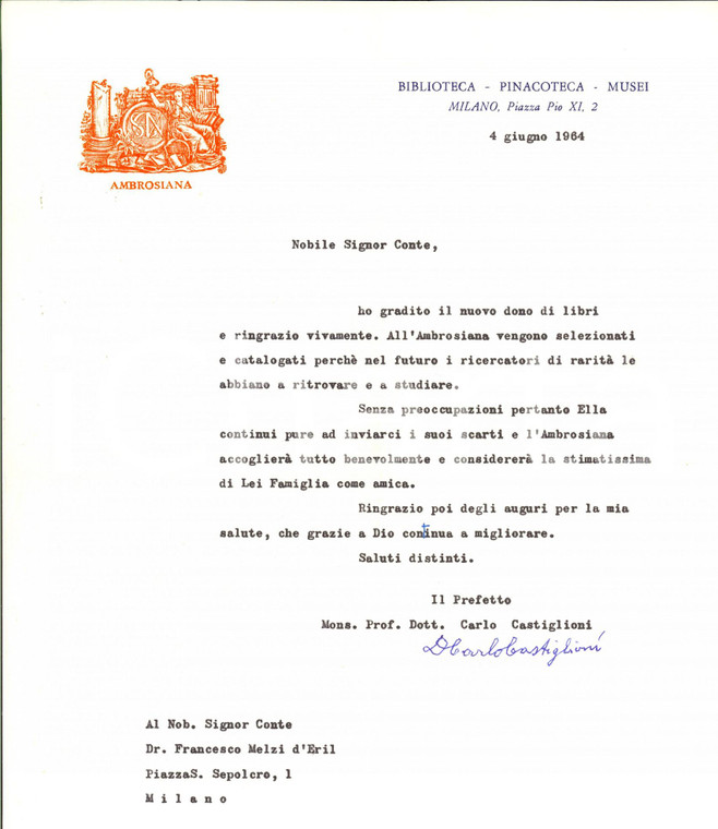 1964 MILANO Ringraziamenti mons. Carlo CASTIGLIONI prefetto AMBROSIANA Autografo