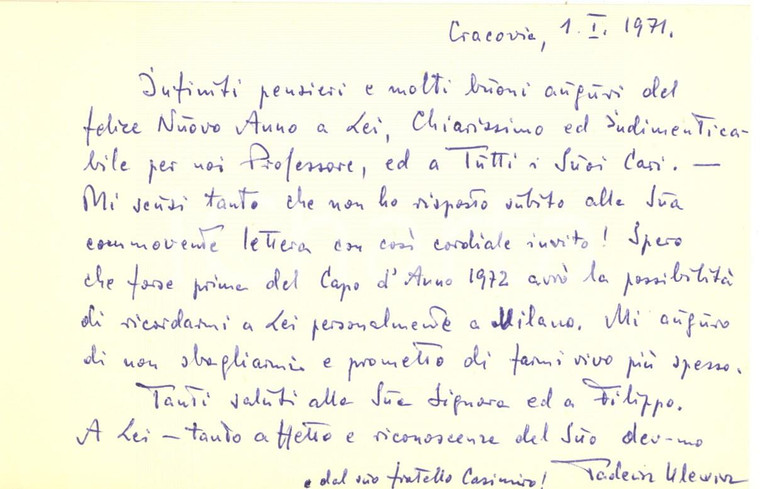 1971 CRACOVIA Biglietto di auguri Tadeusz ULEWICZ a un collega - AUTOGRAFO