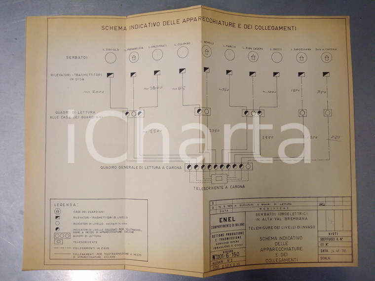 1970 ENEL MILANO Serbatoi ALTA VAL BREMBANA Schema apparecchiature 40x30 cm