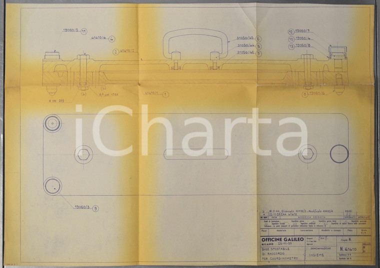 1957 OFFICINE GALILEO MILANO Base di raccordo per coordinometro Schema 55x40 cm