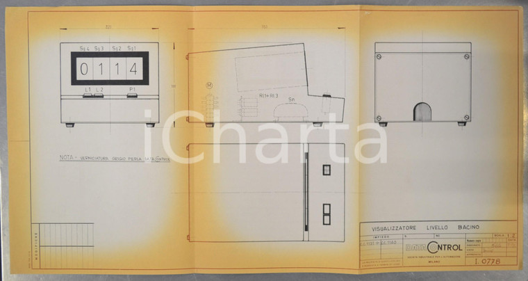 1970 MILANO DATA CONTROL Visualizzatore livello bacino *Schema 60x30 cm