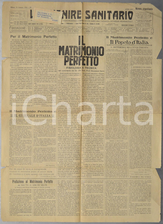 1931 L'AVVENIRE SANITARIO Il matrimonio perfetto - Etica fascista *Rivista