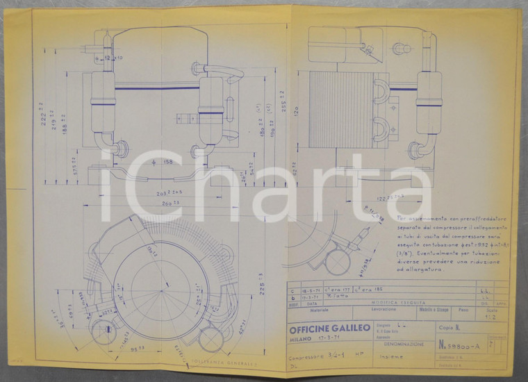 1971 OFFICINE MILANO Compressore 3/4-1 HP Insieme *Schema 42x30 cm