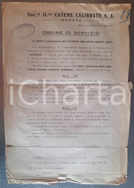 1935 MERATE Società Italiana CATENE CALIBRATE Mobilitazione civile del personale