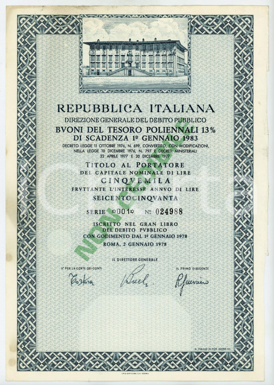 1978 ROMA Buoni del Tesoro Poliennali BTP Titolo al portatore Lire 5.000