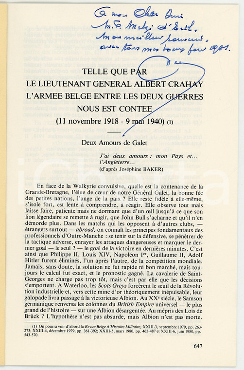 1980 Emile LOUSSE Telle que par le lieutenant général Albert CRAHAY *AUTOGRAFO