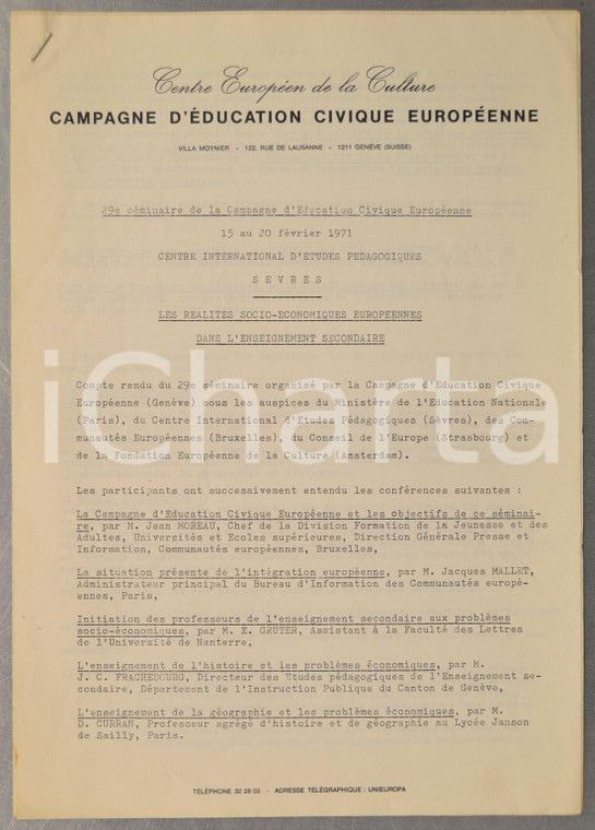 1971 SEVRES Compte rendu du 29e Séminaire Campagne Education Civique Européenne