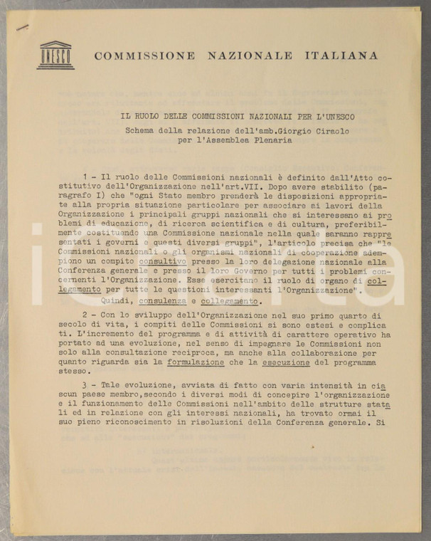 1960 ROMA UNESCO Schema relazione Giorgio CIRAOLO ruolo Commissioni Nazionali
