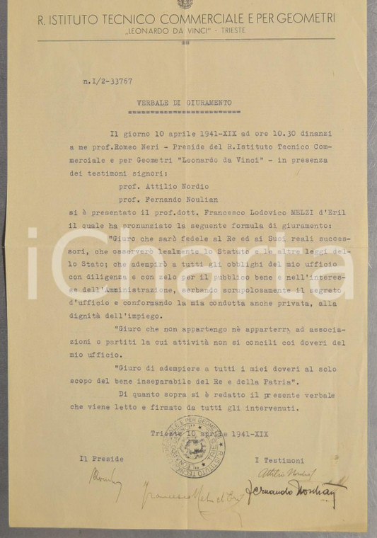 1941 TRIESTE ITC "Leonardo da Vinci"  Giuramento prof. Francesco MELZI D'ERIL