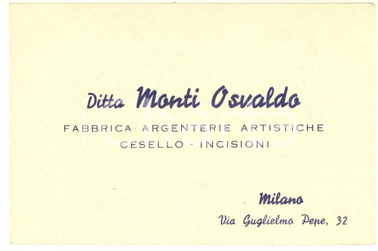 1950 ca MILANO Ditta Osvaldo MONTI Fabbrica argenterie *Biglietto pubblicitario